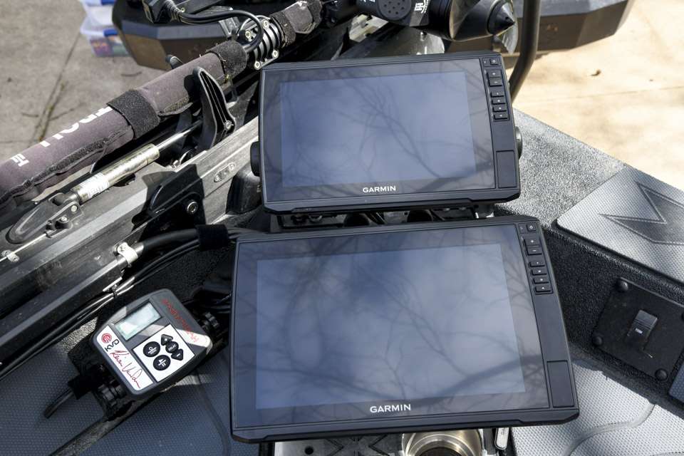 Beside the Hydrowave are Garmin ECHOMAP Ultra chartplotter/fishfinders, one each with 10- and 12-inch screens. Christie uses the Ultra 10 for the Panoptix LiveScope setup. 