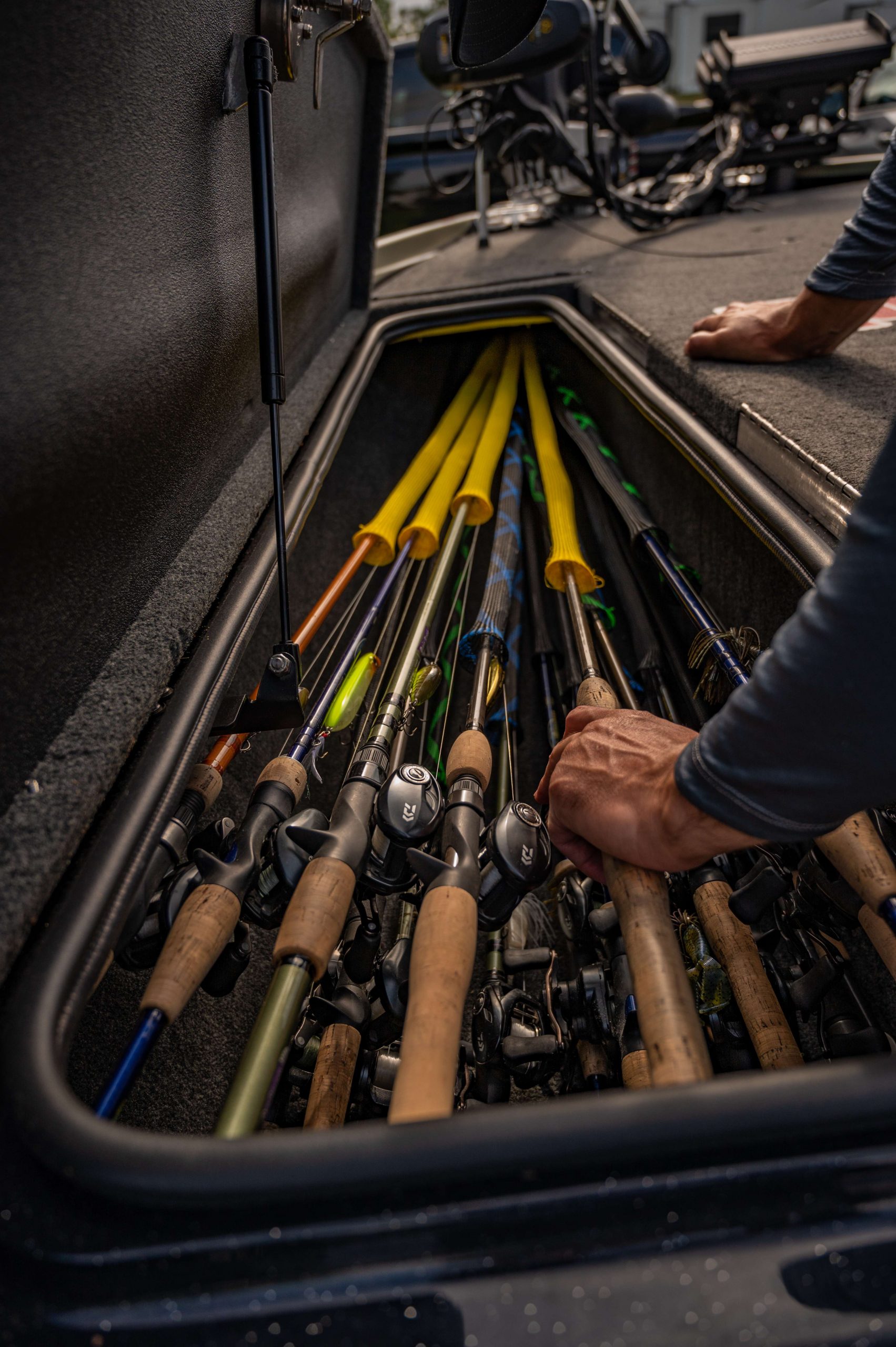 Downey goes to work picking through a rod locker full of St. Croix rods. These are ready for an upcoming day of practice on Lake Champlain, but Downey doesnât mind showing us his Mille Lacs juice.