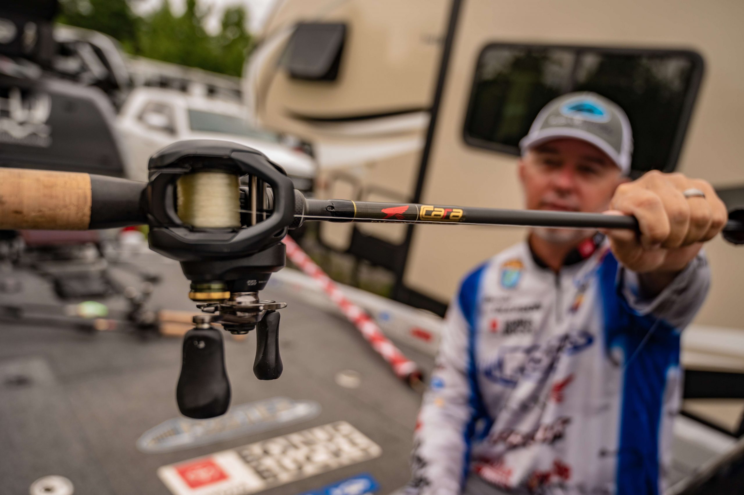 To toss his Carolina rig around, Gleason reaches for a Falcon Cara, 8-foot Super Duty rod. The long rod gives him the ability to move a lot of line with one sweep which is key when fishing offshore.