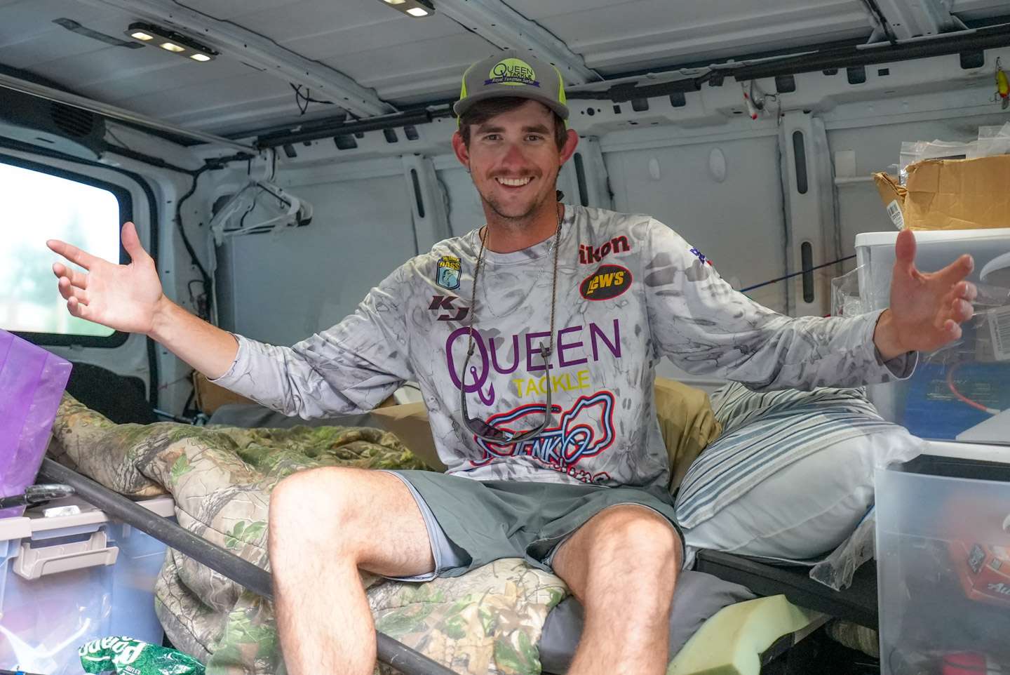As you probably would have guessed, the back of Queen's van has an abundance of room. The Elite Series rookie stayed in his van for the majority of the tournaments in 2021. 