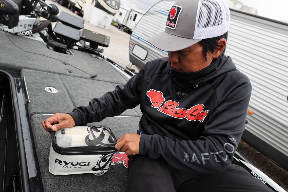 Kimura carries a wide variety of hooks in his BassCat. 
