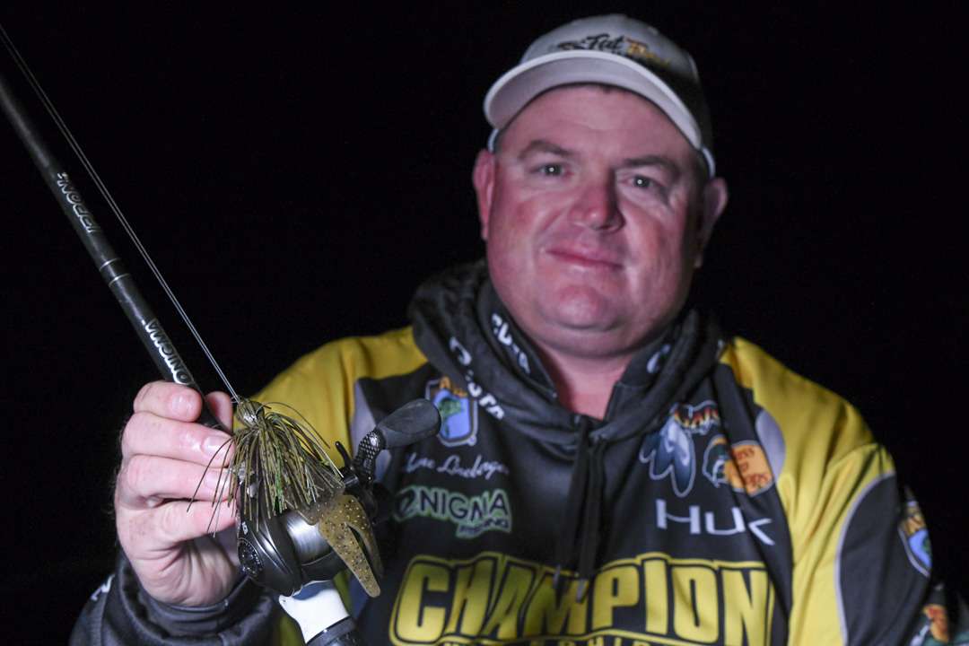 He used a 9/16-ounce TrueSouth Custom Lures Fathead Flipping Jig, rigged with a Zoom Big Salty Chunk trailer. 
