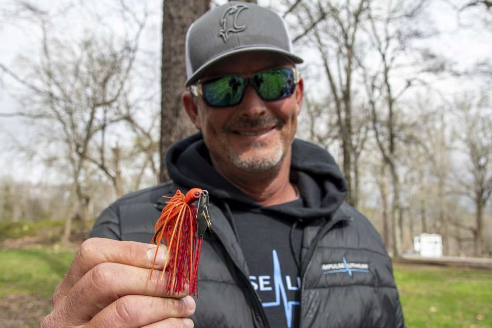 <b>Bill Weidler<br> Go-to bait:</b> A Z-Man Evergreen Chatterbait Jackhammer, in the red-hot Fire Craw pattern. Not pictured, but part of the package, is a pearl white BassReaper Bait Co. Sinister Shad that he dips in orange Spike-It lure dye for even more visibility and appeal. 
