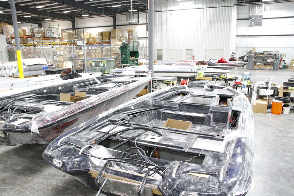 After checking out some boats near the finish line, Clouse took me through the rest of the production line. These are boats getting pieced together waiting for certain elements.