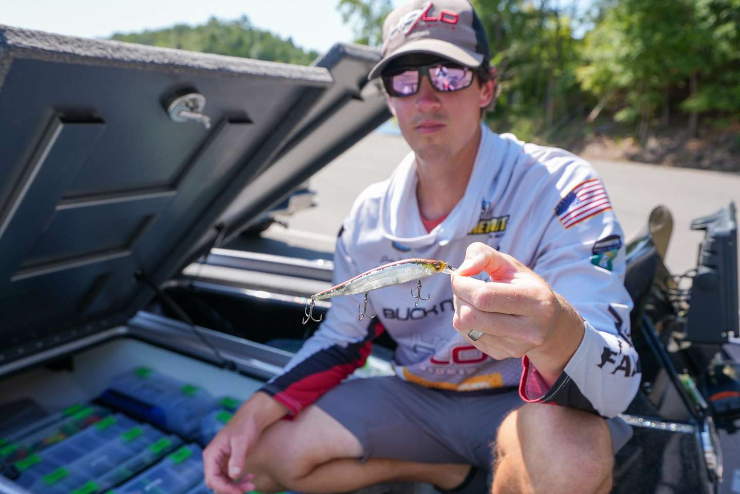 He shows off one of his favorites â a Megabass Ito Shiner. You can tell this bait has caught a few.