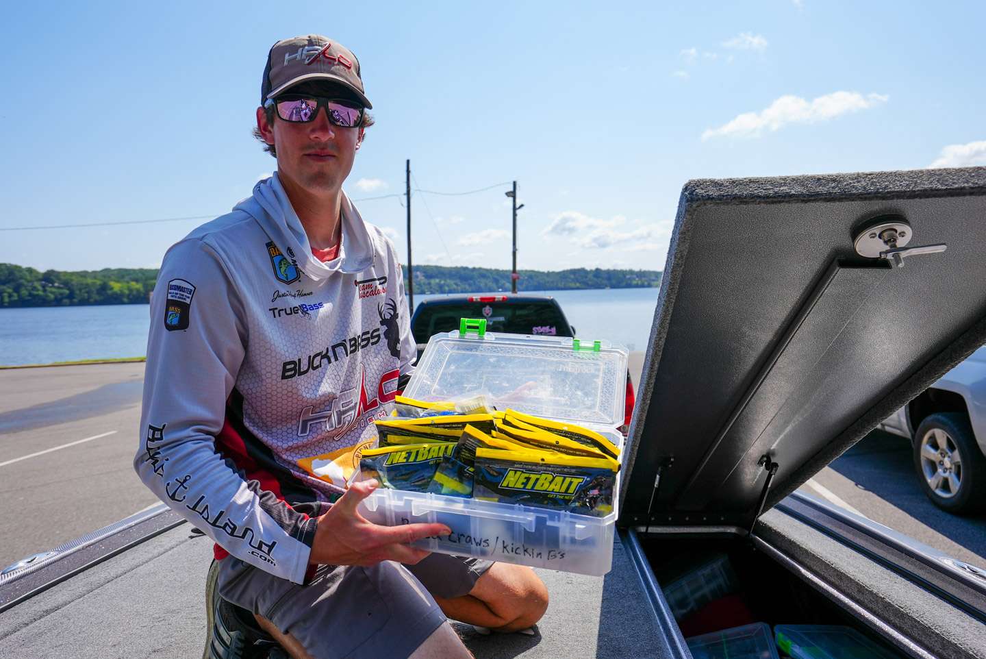 Hamner pulls out one of his favorite boxes in the boat â a box full of Netbait Kickin B's.