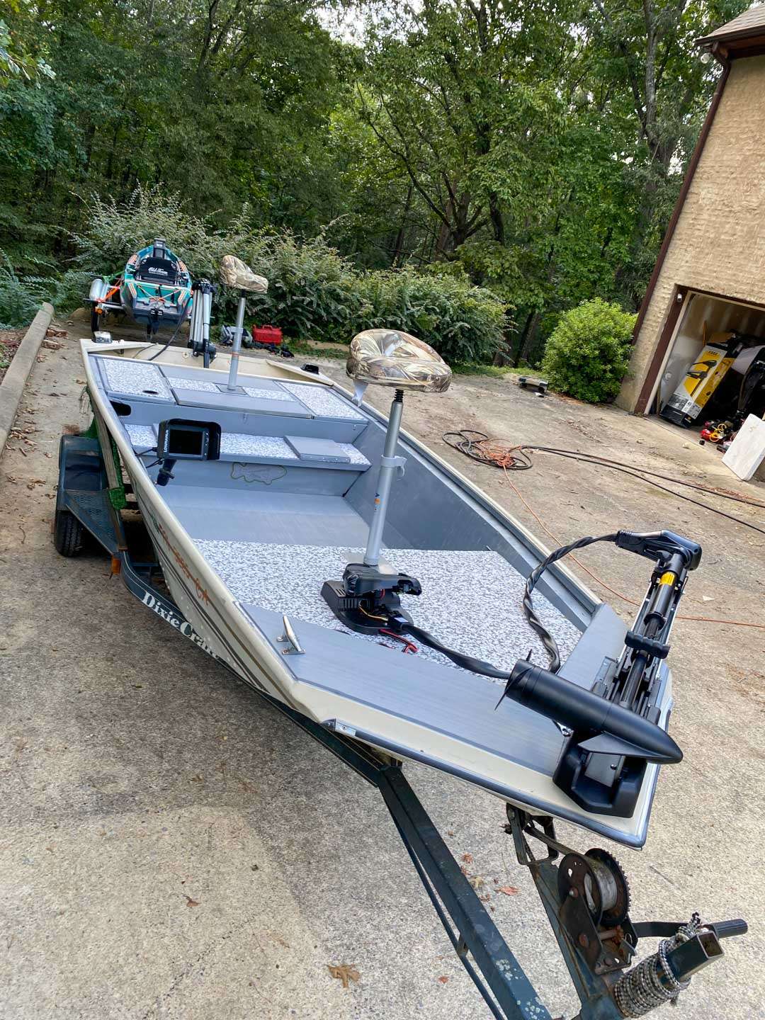 And sheâs done! I added butt seats (that donât exactly match) to make a long day of fishing more comfortable. At BassPro, it cost a total of $200 for the adjustable poles, butt seats and mounting brackets.
