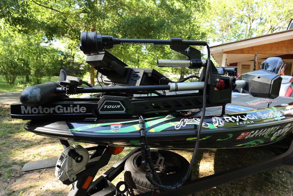 The bow of Ito's boat is home to a MotorGuide Tour Pro 109 with a custom mount for Humminbird 360.