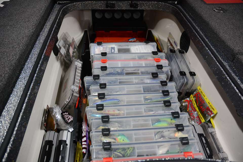 The compartment is filled with all categories of hard baits and terminal tackle. 