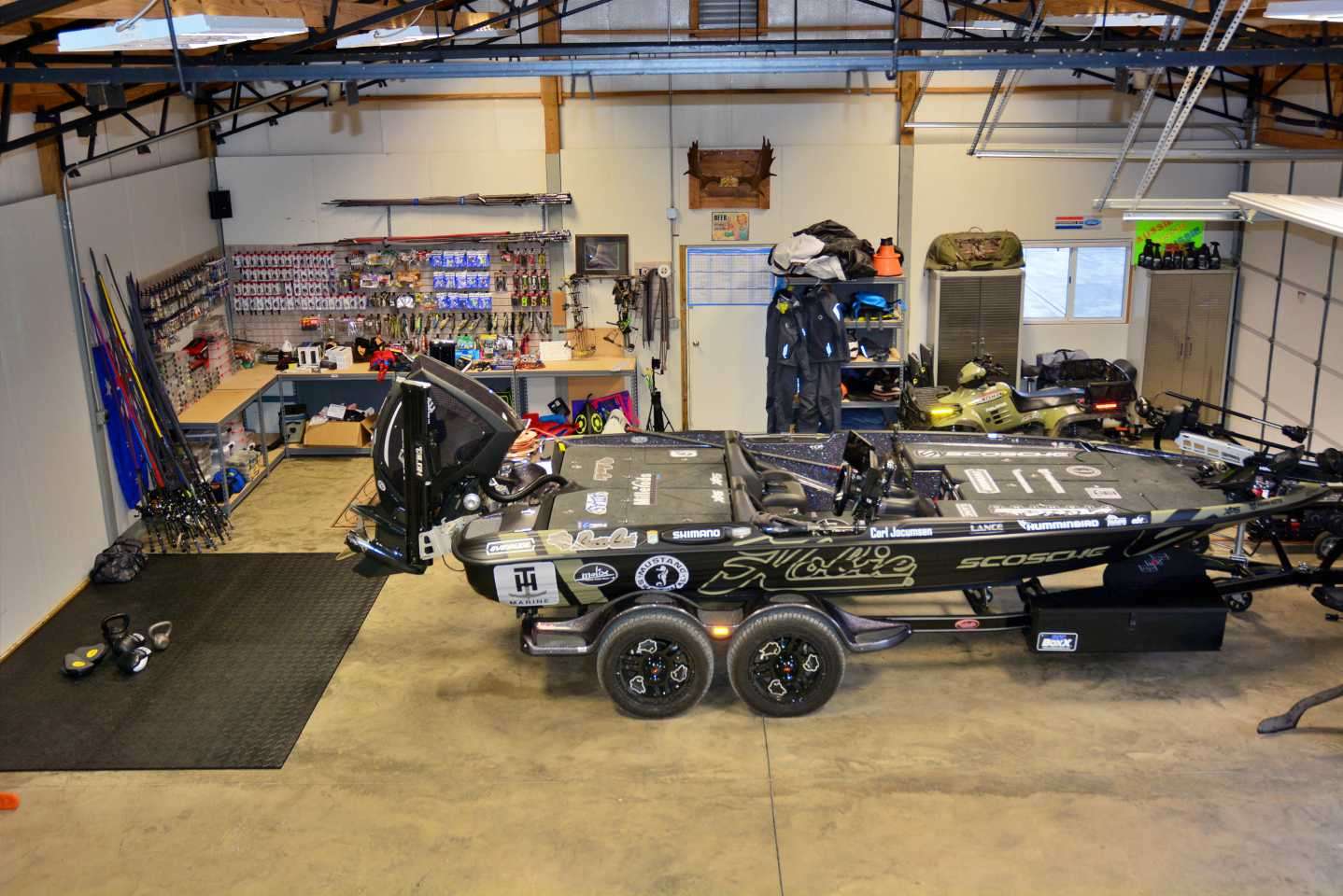 The overhead view of the man cave shows the Bass Cat ready to be loaded for the first tournament. In 2020 Carl will compete in the Elite Series and the Basspro.com Bassmaster Eastern Opens Series. 
