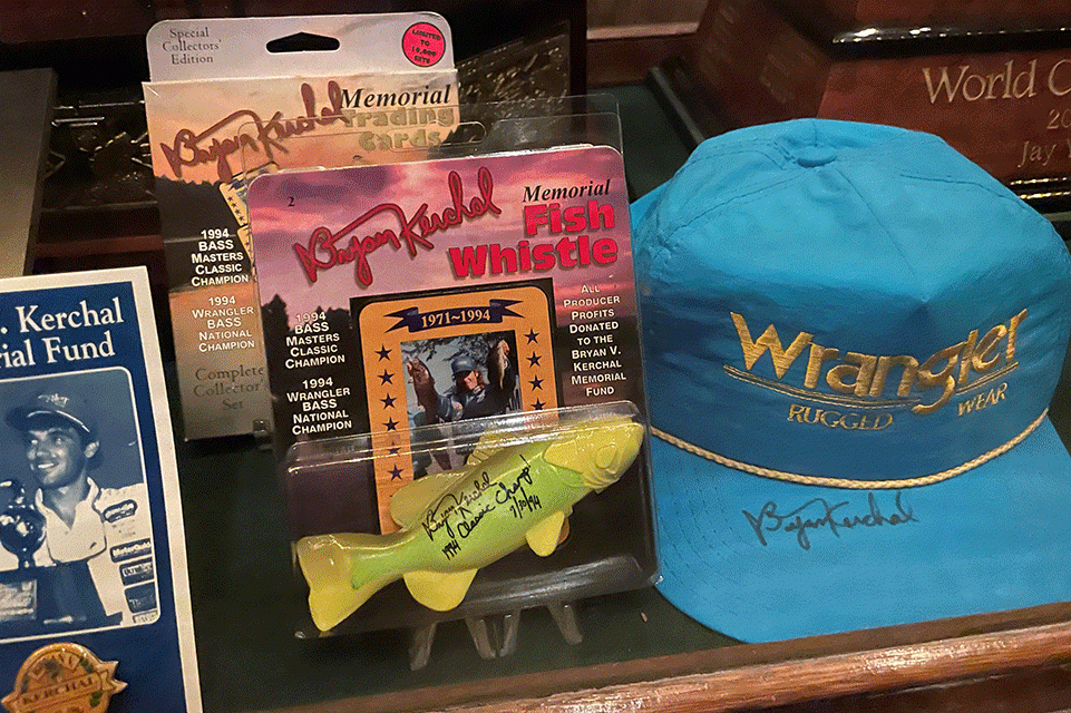 Besides his trophy are a famed Kerchal fish whistle as well as an autographed hat.