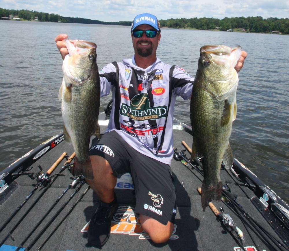 <b>1:20 p.m.</b> Cook catches his 14th keeper, 3 pounds, off the point on the jig. <br>
<b>1:28 p.m.</b> With minutes remaining, Cook flings the 10-inch worm across the point. âCome on, big boy, itâs your last chance!â <br>
<b>1:35 p.m.</b> Timeâs up! Cook has had a great day on Lake T with 14 keepers; his five biggest weigh 19 pounds, 14 ounces.
<br><br>
<b>THE DAY IN PERSPECTIVE</b><br>â¨âAs I suspected, points proved to be the targets that held the most fish today,â Cook told Bassmaster. âLong, slow-tapering points with a lot of baitfish suspending around them far outproduced every other type of place I fished. I used a patient, wide-ranging approach when fishing these structures. Instead of pulling up right on top of the point, Iâd start out a long distance from it and gradually work my way closer while targeting baitfish schools, scattered cover and channel swings I encountered along the way, primarily with crankbaits. That 6-8 was probably a fluke; my gut tells me I could have spent the rest of the day flipping laydowns and not come up with another good fish. If I were to fish here tomorrow, Iâd spend way less time in shallow water and would check out a few more points using the same lures and long-ranging approach.â
<br><br>
<b>WHERE AND WHEN DREW COOK CAUGHT HIS FIVE BIGGEST BASS</b><br>
1. 2 pounds, 14 ounces; Spro Fat Papa 70 crankbait (homemade shad color); rock point; 7:48 a.m. <br>
2.  6 pounds, 8 ounces; 1/2-ounce green pumpkin/chartreuse/orange Nichols Lures DB finesse jig with tilapia Big Bite Baits Fighting Frog trailer; laydown on channel bank; 10:59 a.m. <br>
3. 2 pounds, 15 ounces; Spro RkCrawler crankbait (ayu color); mud point; 12:49 p.m. <br>
4. 4 pounds, 9 ounces; Spro Fat Papa 70 crankbait (citrus shad color); same place as No. 3; 12:52 p.m. <br>
5. 3 pounds; same lure as No. 2; same place as No. 3; 1:20 p.m. <br>
TOTAL: 19 POUNDS, 14 OUNCES
