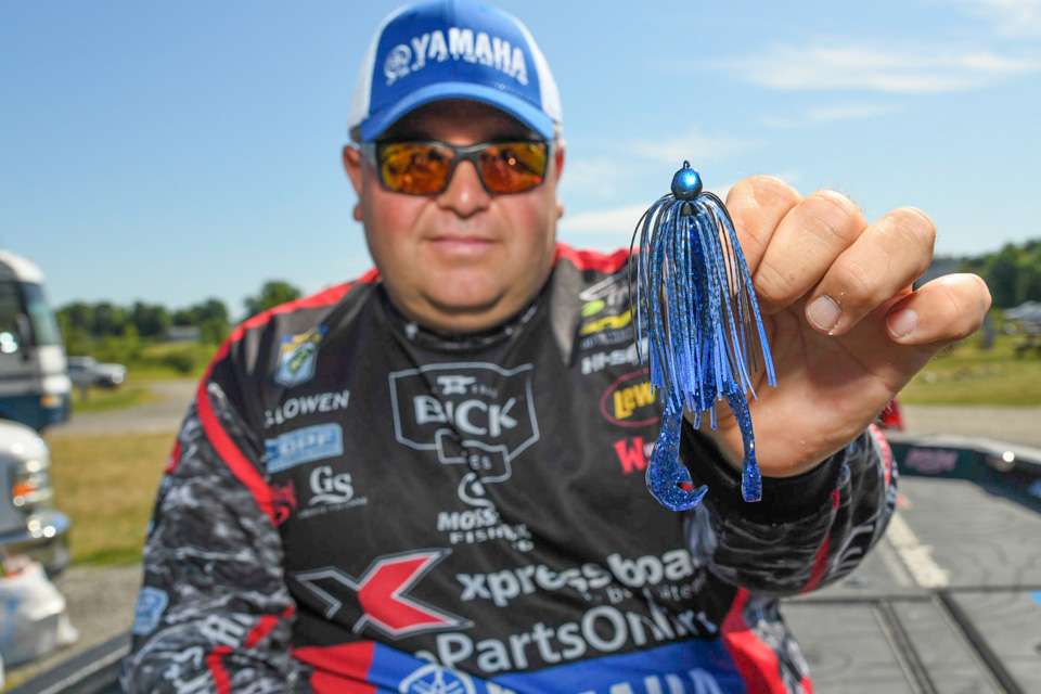 1/4-ounce black-and-blue Lure Parts Online Bill Lowen Swim Jig with Strike King Rage Craw â Once again, I like to keep my bait around the cover as long as I can, and that big, full-sized Rage Craw trailer allows me to do that. It allows me to work that jig as slow as I can and keep it in the strike zone. Typically, I always swim a 1/4-ounce jig because it allows me to keep it in the strike zone as long as I can.