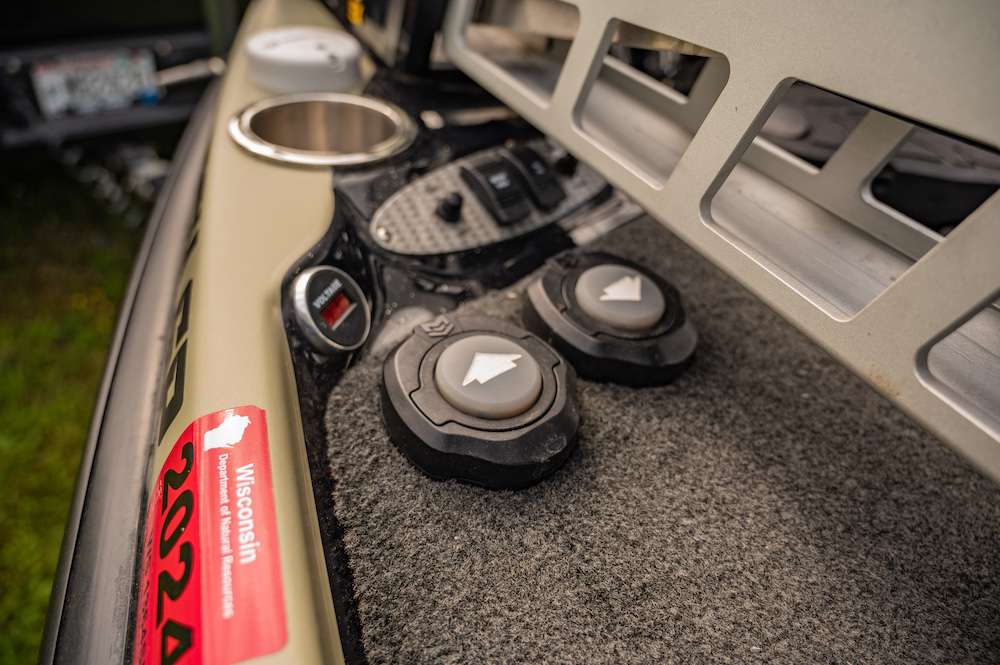 A voltage meter and quick access button on the front make it easy for Downey to control his boat from the front deck.