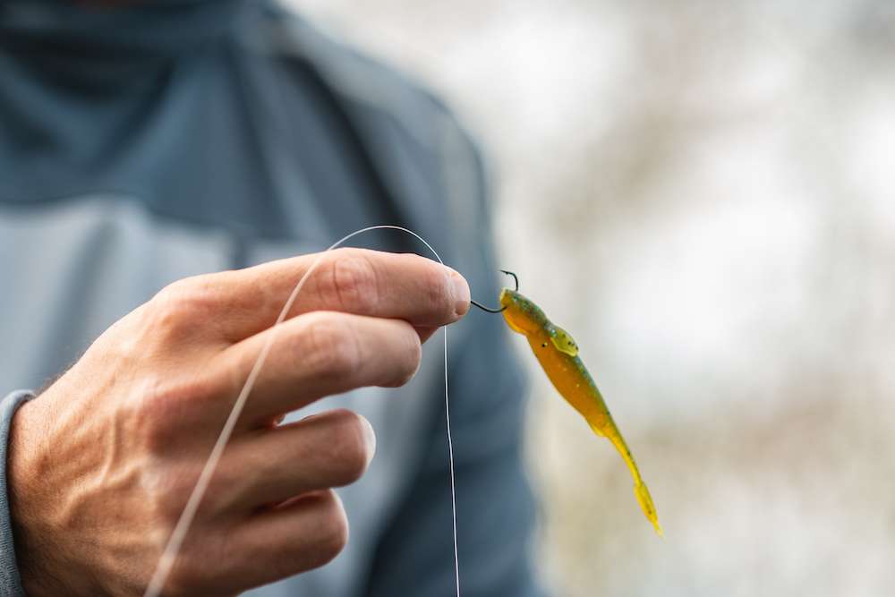 We are in New York after all â¦ a drop shot is a big player and Downey loves to throw it for big brown smallmouths. One of his favorite baits is a Reaction Innovation Shiver Shot finesse bait.