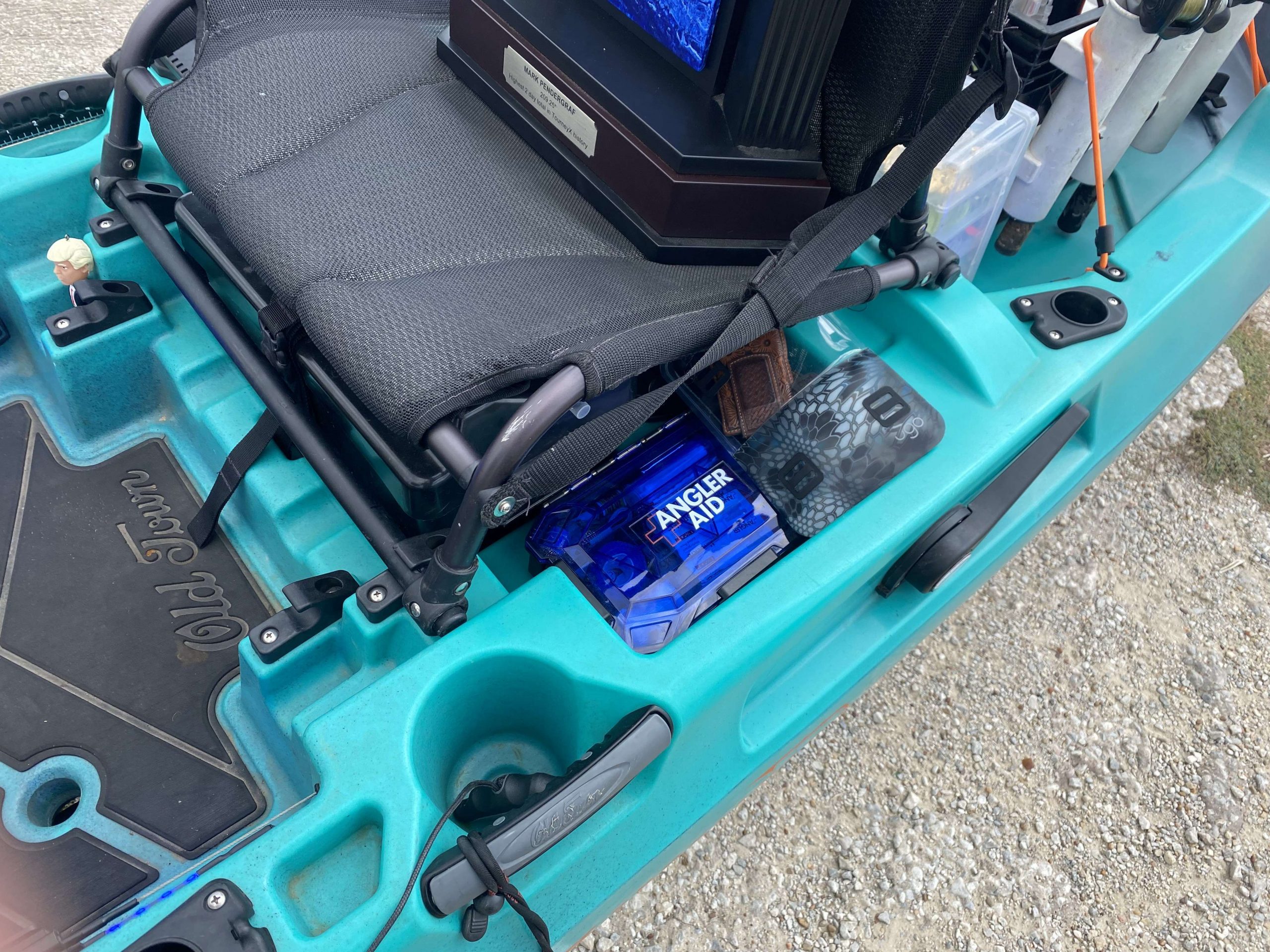 Two of Pendergraf's must haves while on the water is an Angler Aid kit as well as an Ugo waterproof floating case, to protect his personal belongings on the water. 
