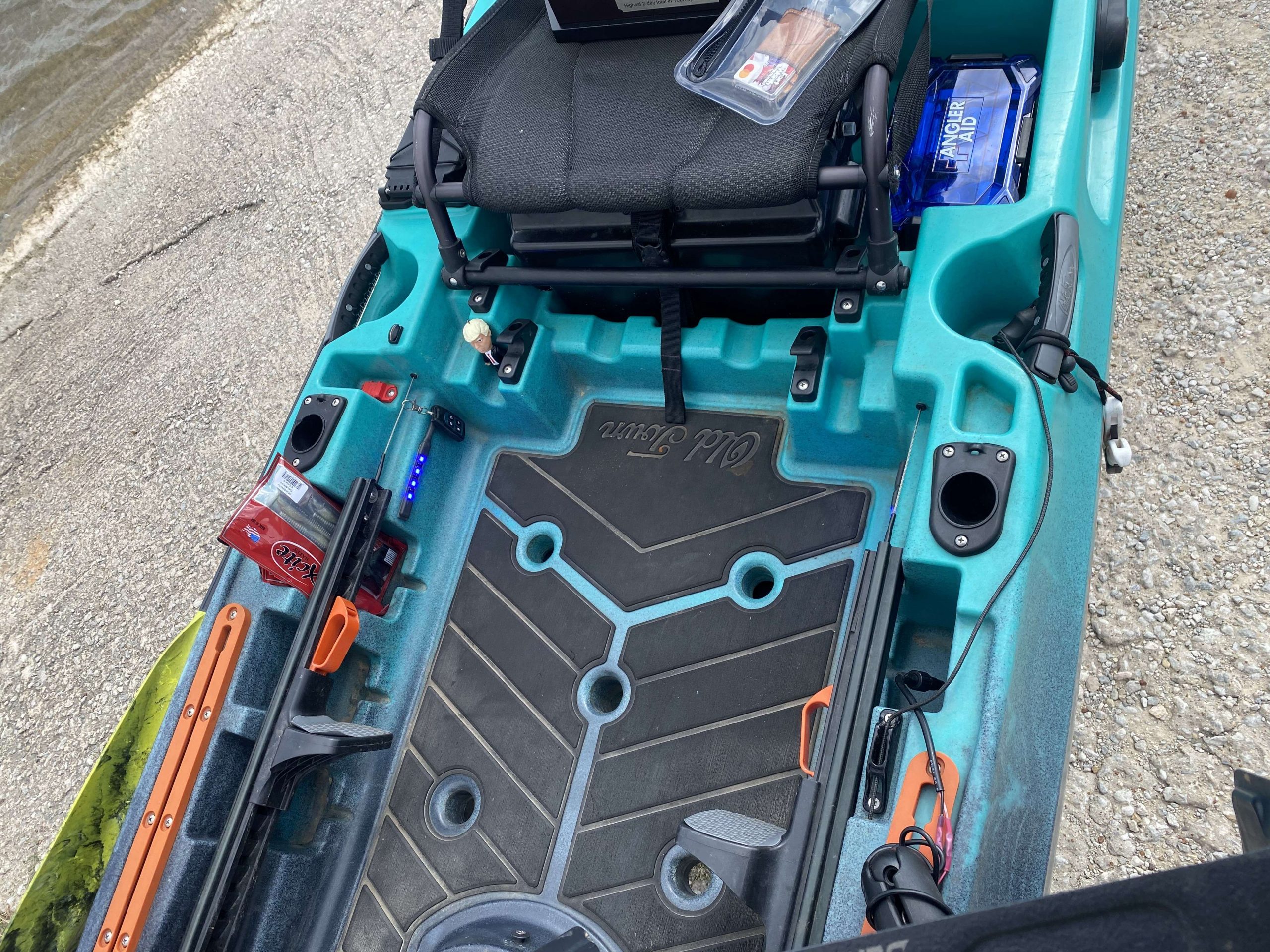 The indentions behind the steering foot rails make a perfect place to store his Xcite Baits soft plastics that he's using during fishing trips and tournaments. 