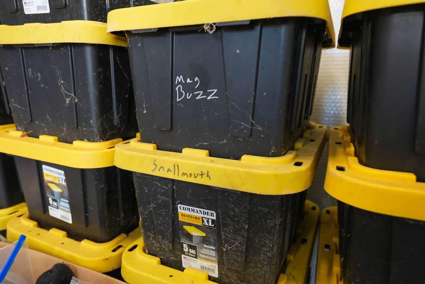 Davis carries his bulk tackle in giant tubs. Each tub is labeled for easy access when he needs to restock an item or take a box with him on the road. 