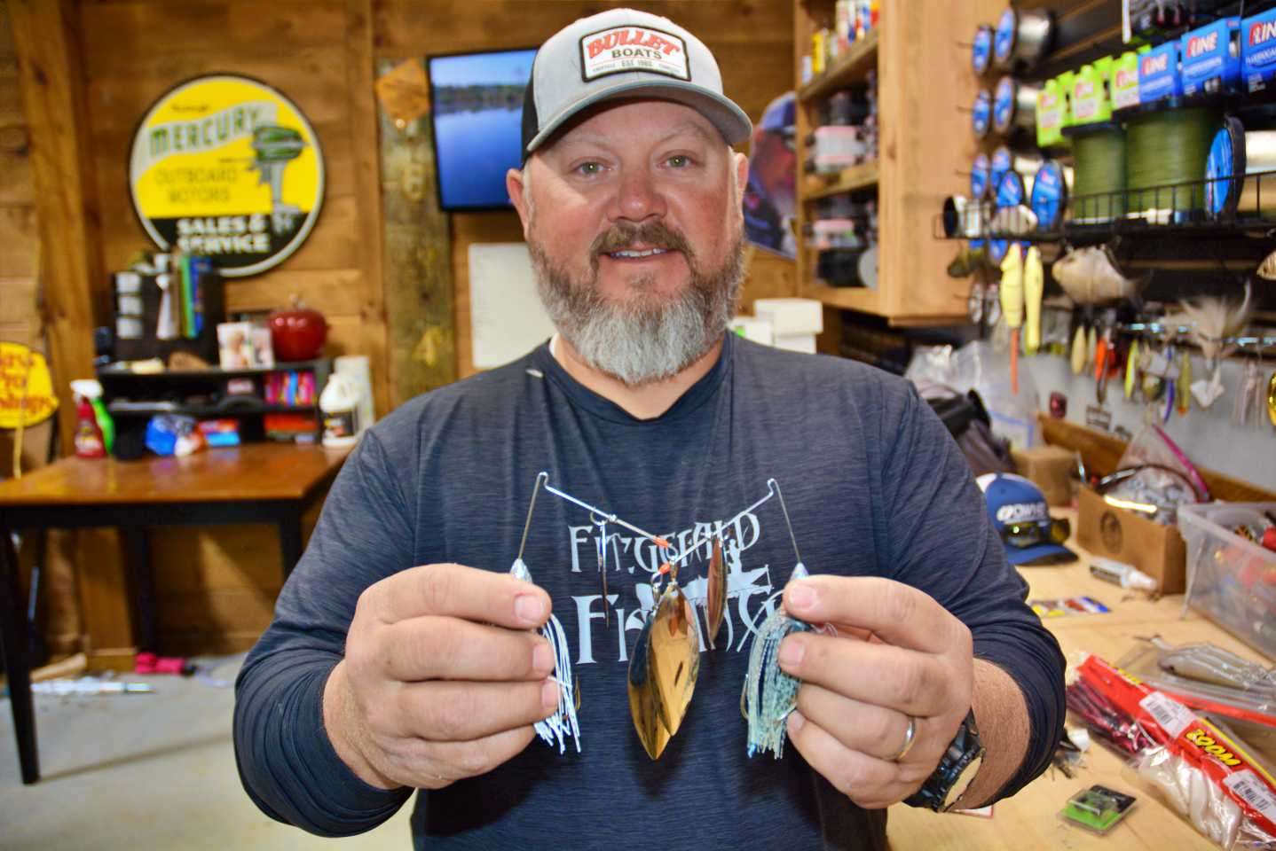 Next are a pair of 3/4-ounce tandem-willowleaf spinnerbaits. âI like the heavier baits for slow rolling,â he said. âYou can also speed it up, and the bait wonât roll over.â 