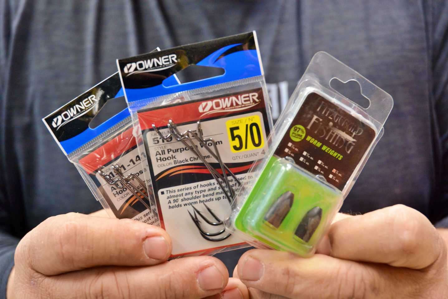 Gross prefers the all-around versatility of Owner All Purpose Worm Hooks, these in the 5/0 size. He pairs those up with 1/2-ounce Fitzgerald Fishing Tungsten Weights.  