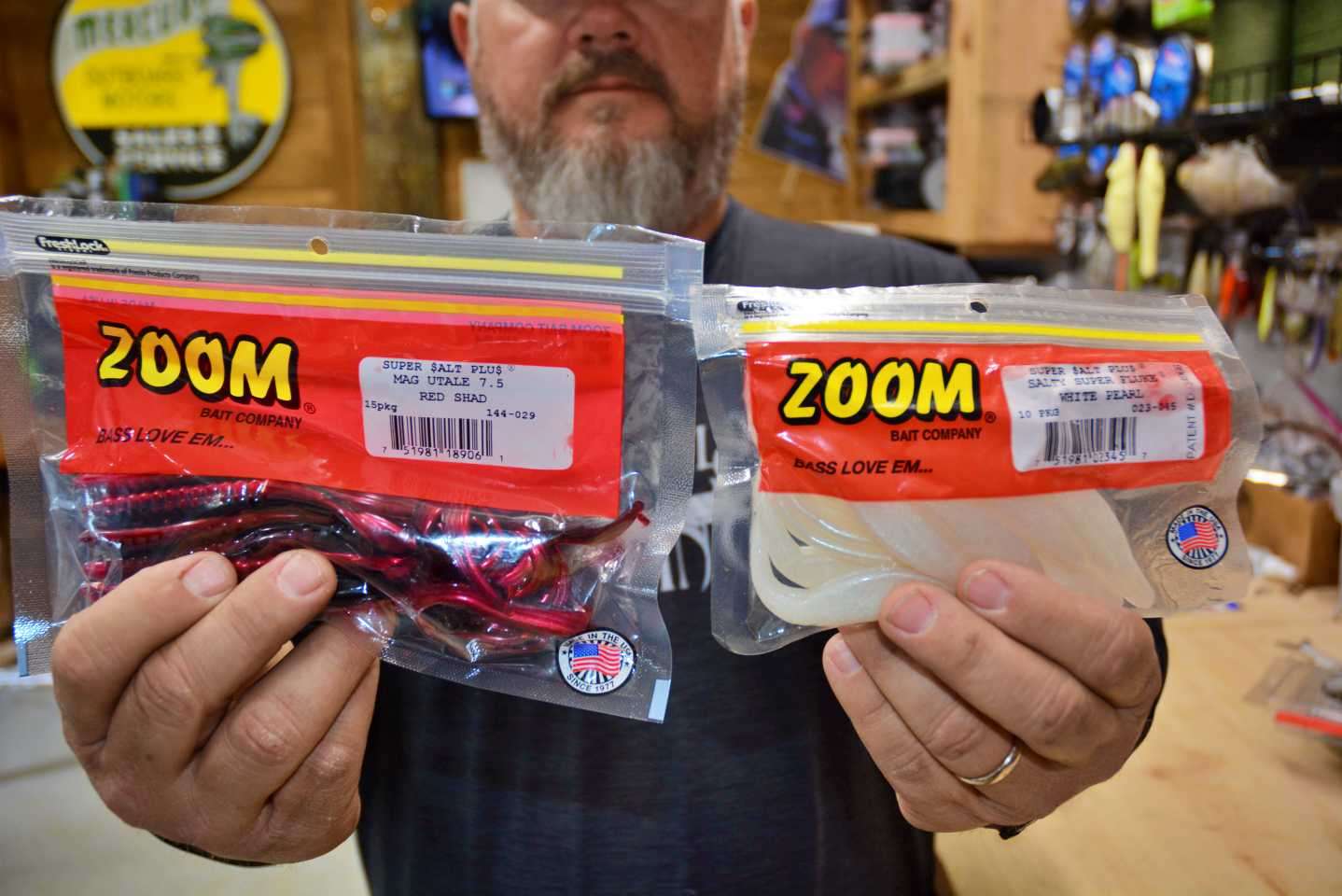 The new Zoom Super Salt Plus U-Tail Worm is his all-around choice, as it gives the fish a different look, and it is impregnated with fish-attracting salts. The Zoom Super Salt Plus Salty Super Fluke is another versatile option. âYou can fish it on top, weightless, or use it on a Carolina rig in deeper water.â 