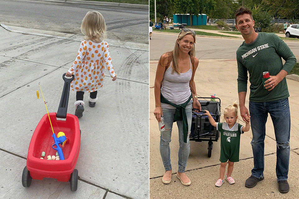 Chad and Melanie Pipkens can relate to the cuteness of children, what with Emerie taking her wagon out to fish. Little Pip also experienced her first tailgate. Say, those Spartans are doing pretty well.