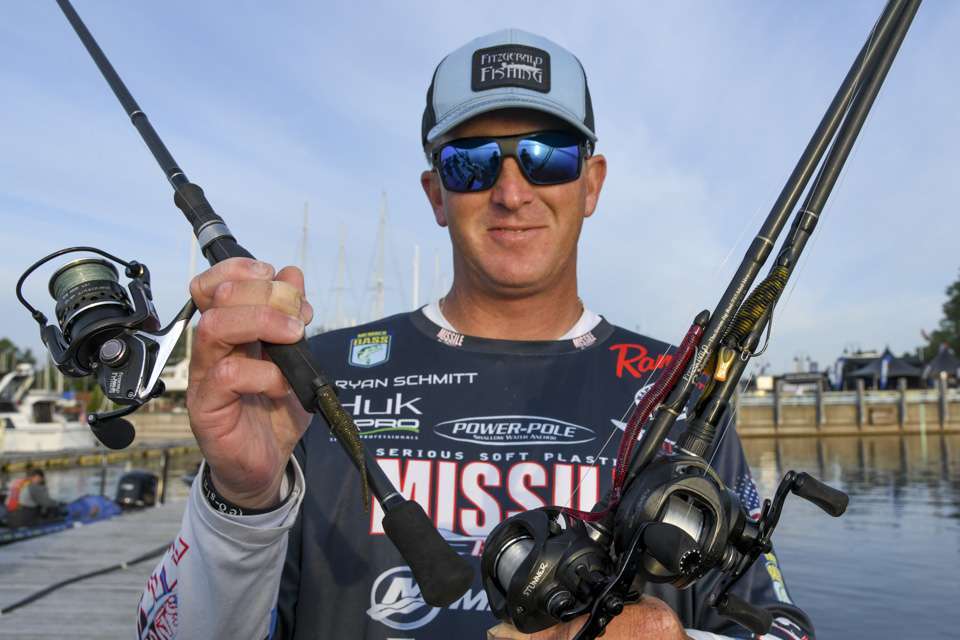 On a spinning rig he used a Missile Baits Ned Bomb, on a 1/4-ounce jighead. 
Schmitt used a Missile Baits D Bomb, in the new Texas Toast pattern, with a 5/0 FPP Hayabusa Straight Shank Hook, and a 5/16-ounce Reins Tungsten Weight. On a casting combo was the winning bait, a Missile Baits Quiver Worm, Cherry Blossom, rigged on a 4/0 Haybusa WRM959 Wide Gap Hook, with a 3/8-ounce Reins Tungsten weight. 
