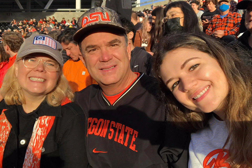 Taking in other sports was common. After being surrounded by family for his induction into the Bass Fishing Hall of Fame, Jay Yelas and wife, Jill, enjoyed Oregon Stateâs parentâs weekend with daughter, Bethany. Go Beavers!
