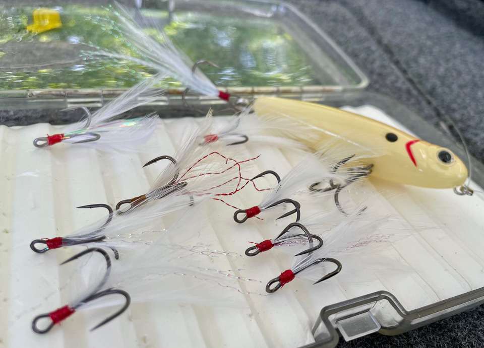 Gustafson likes feathered trebles on all of his topwaters, and he ensures he has plenty of options by tying homemade versions in several sizes and colors.