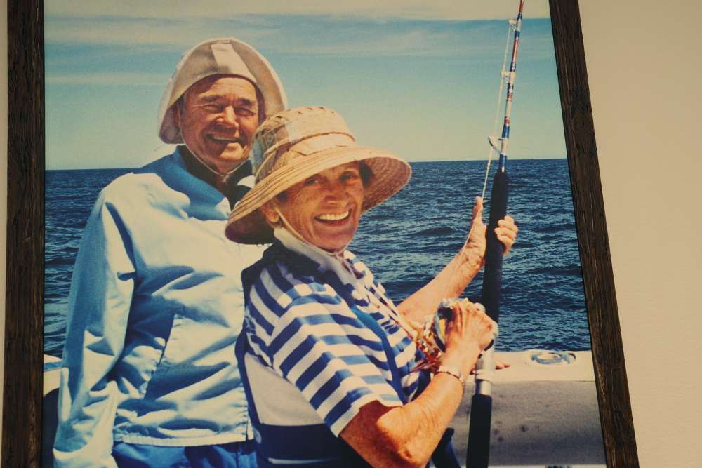 Welcoming visitors to the office is this photo of Milt Shedd and his wife, Peggie. The Shedds purchased AFTCO in 1973 to continue the tackle business with no idea what the future held for AFTCO. 