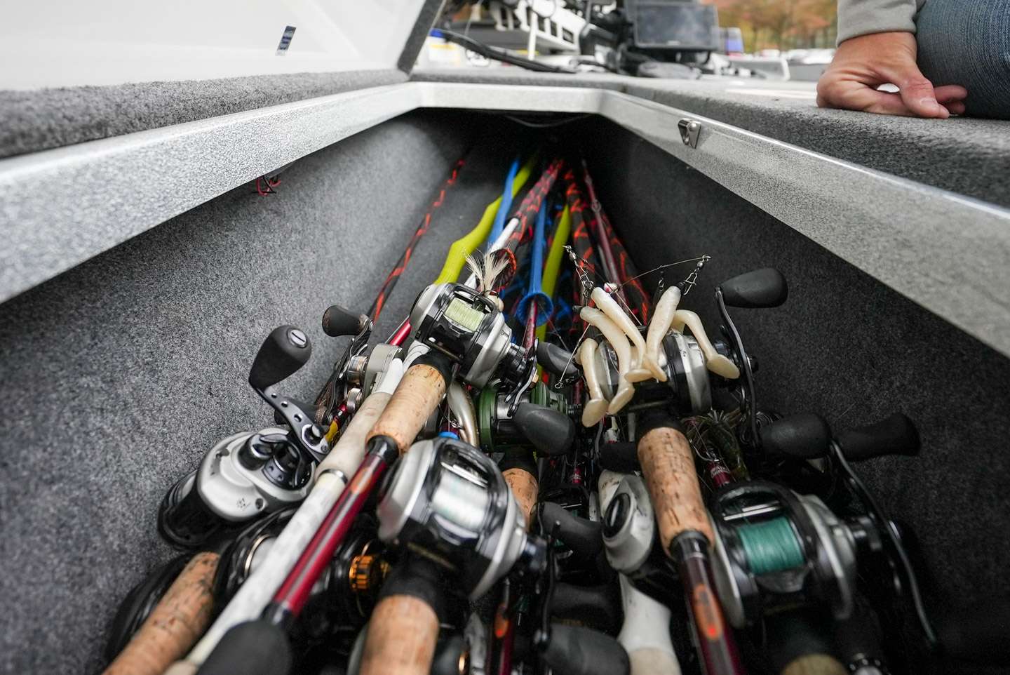 Palmer takes his rod organizer out of the rod locker, which allows him to carry more rods. He keeps roughly 20 to 25 rods in the boat. 