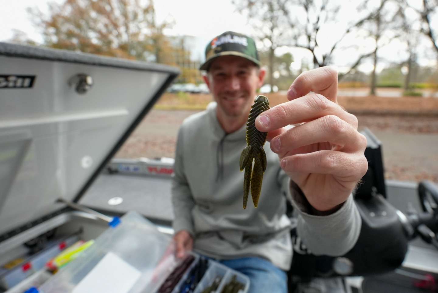 Palmer shows off his favorite flipping bait â the Yum Bad Mamma. 
