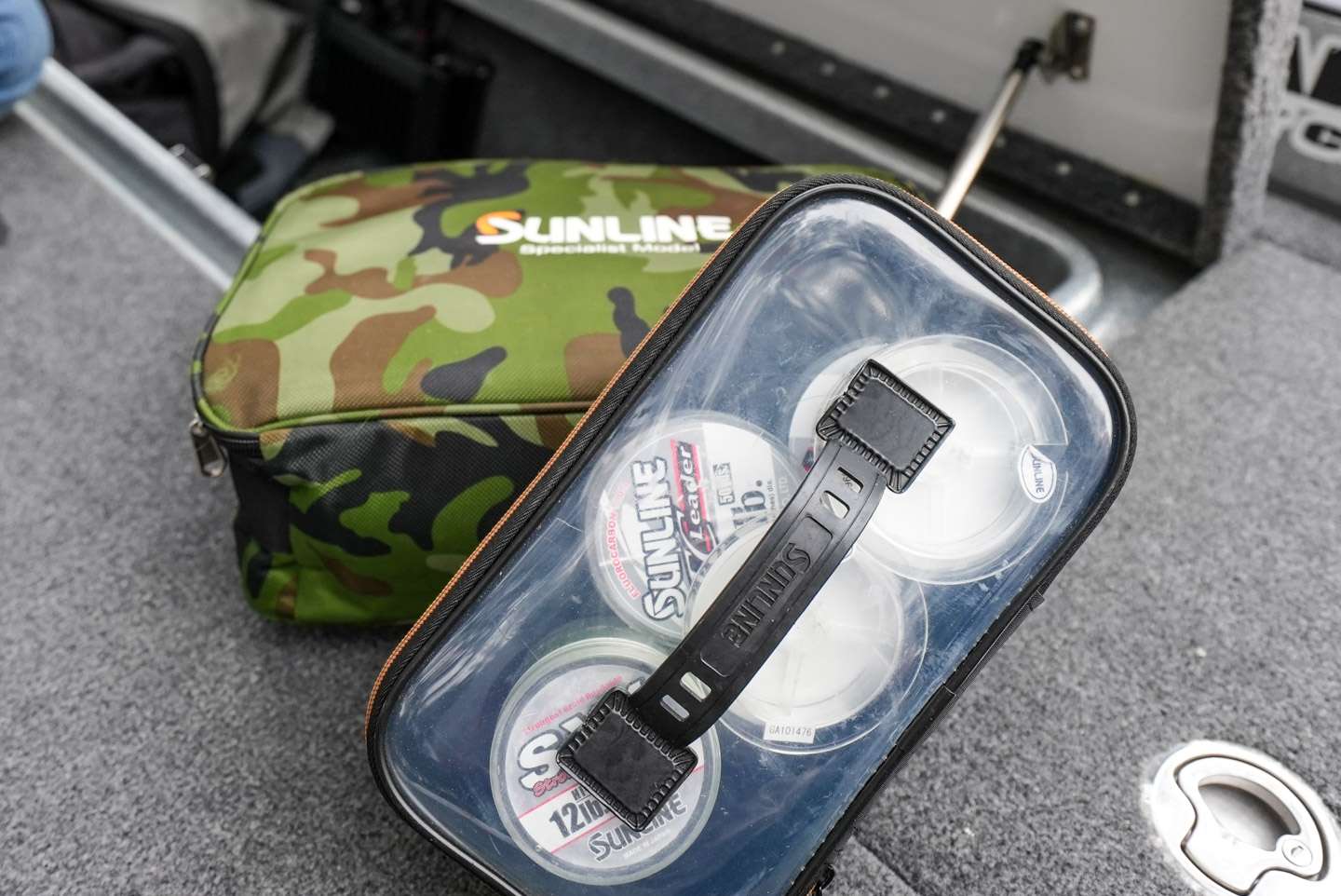 Palmer keeps a wide variety of Sunline fishing line in the boat so he can make adjustments and respool his reels on the fly. 
