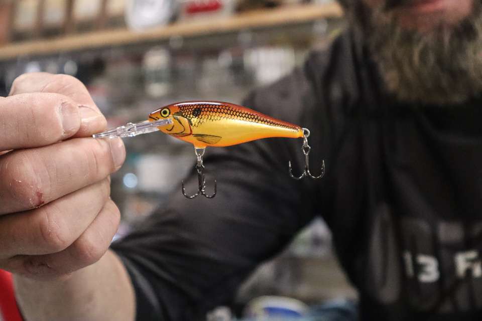The balsa bait is Swindle’s go-to crankbait when the water temperature is below 49 degrees. “Baitfish and crawfish move slower in super-cold water, and that makes this bait most effective with it mimicking the natural action of the bait.” 