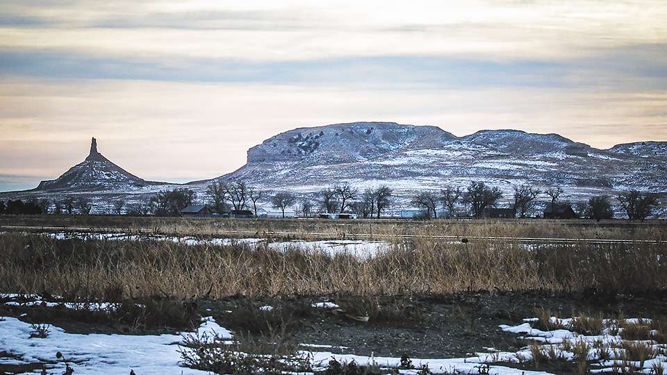 Chimney Rock on the left is a famous landmark early settlers used to guide their travels west.