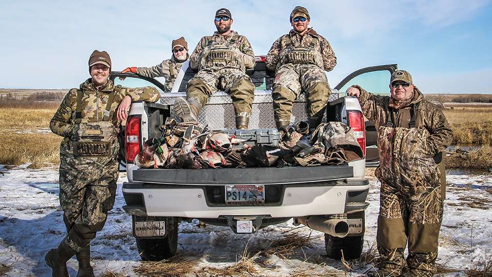 Gathering up the day’s fowl would fill up a truck. From left to right: Patrick Walters, Steve Bowman, Lee Livesay, Caleb Sumrall and Bill Lowen.