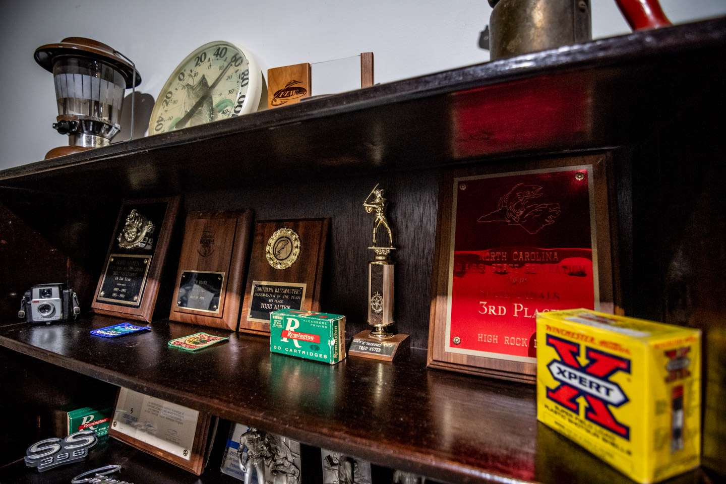 Everything from old boxes of ammo, a camera, clocks and trophies. Auten truly has a variety of antique memorabilia. 