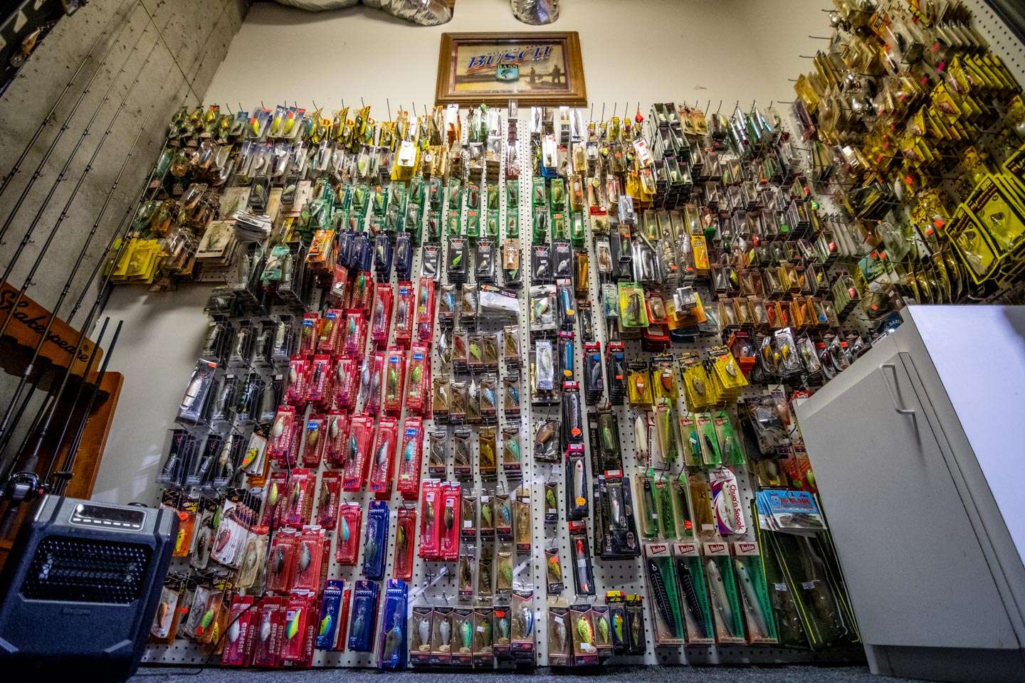The pegboard allows for storage, display, organization and easy access to packaged lures. Auten can quickly and easily pull different lures off the wall to pack for tournaments with effortless restocking. 