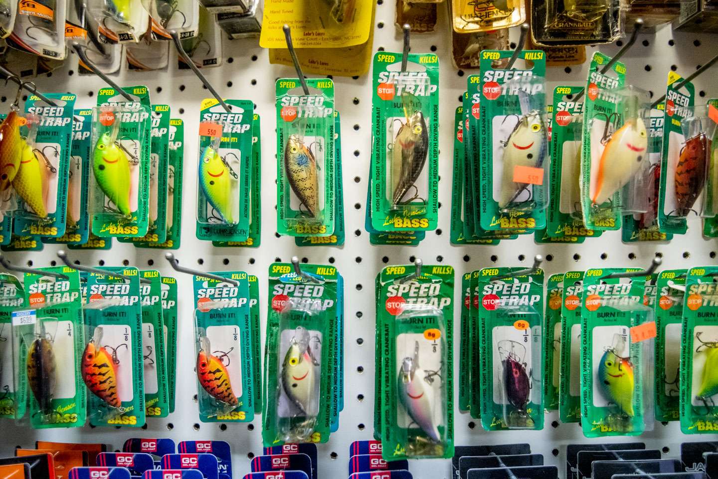 With a large variety of lures and some collectibles, take a look at a few more closeups of the tournament tackle room wall. 