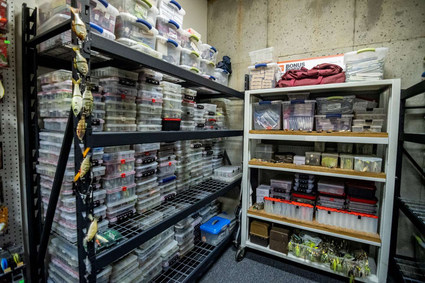 The left shelf holds terminal tackle and baits ranging from topwater, to jerkbaits, crankbaits and so on. Basically, they are in order from top of the water column baits down to the bottom of the water column.