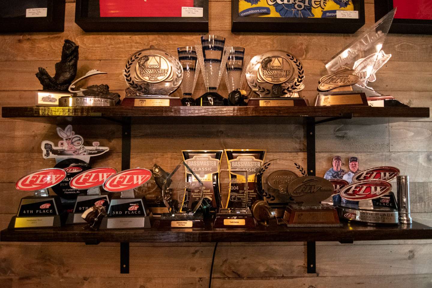 The trophy shelves. are full of Auten’s accomplishments over the years as an angler. 
