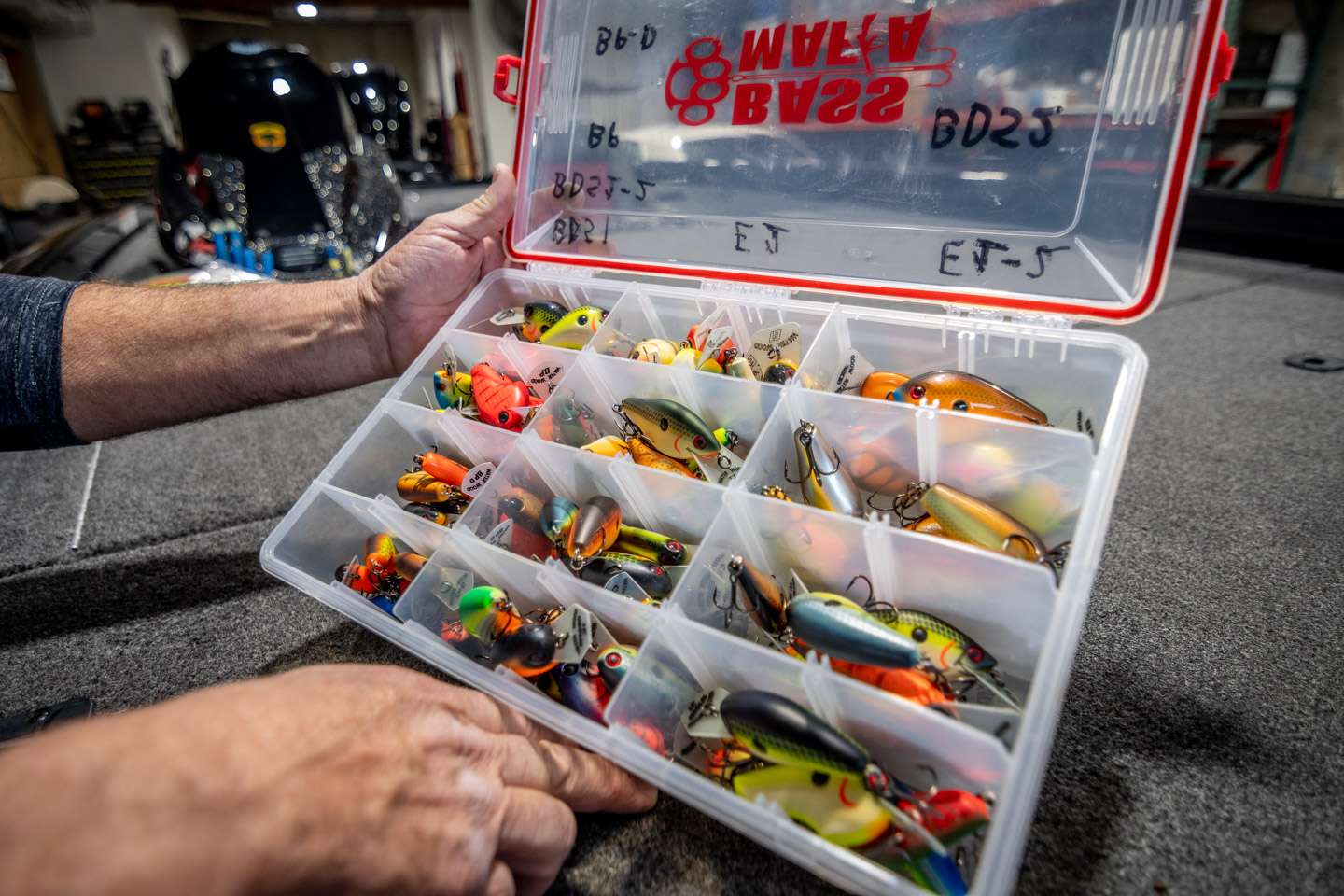 A Bass Mafia box filled to the rim with Todd Auten’s favorite Water Wood Custom Baits.
