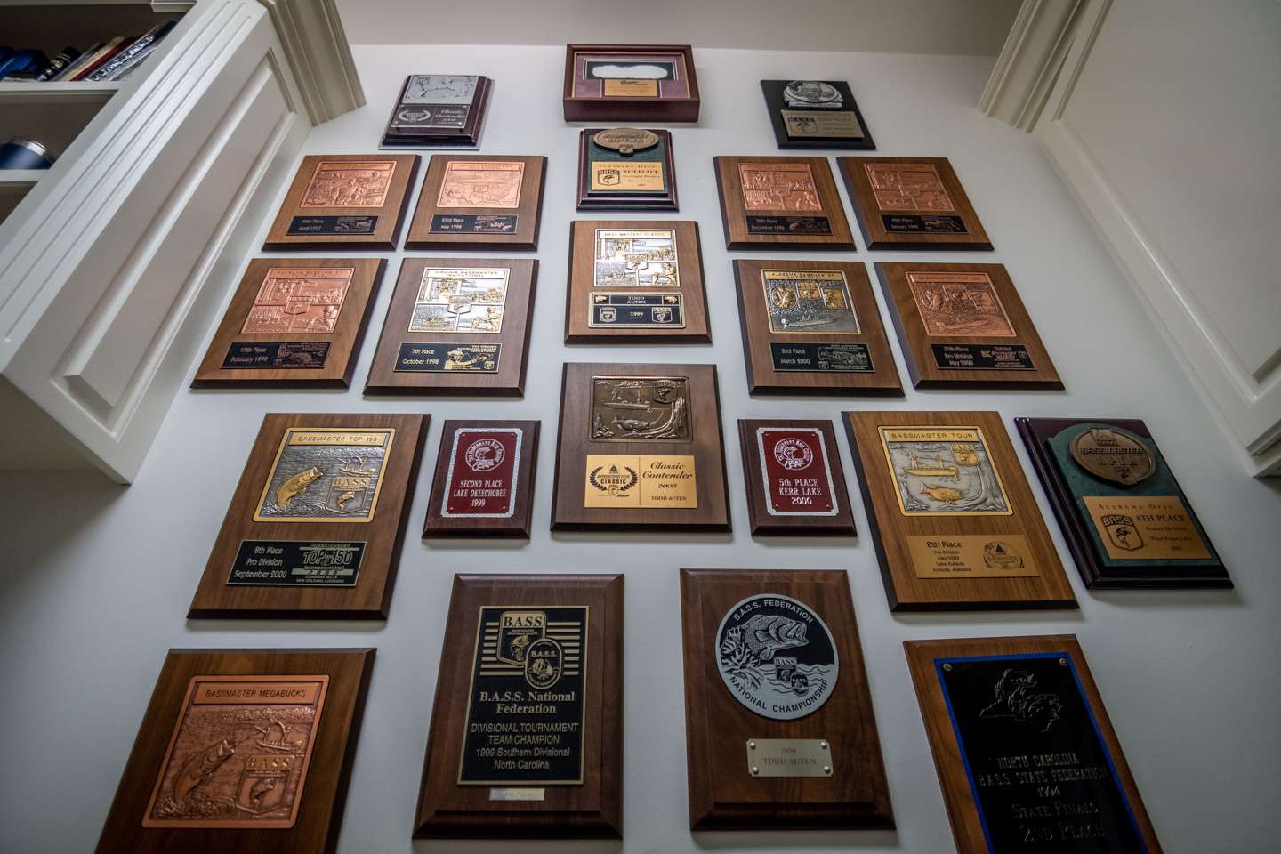 From the grassroots B.A.S.S. Nation, to the Bassmaster Invitationals, to the Classic, this wall of honor is filled with plaques from Auten’s early years of tournament angling. 