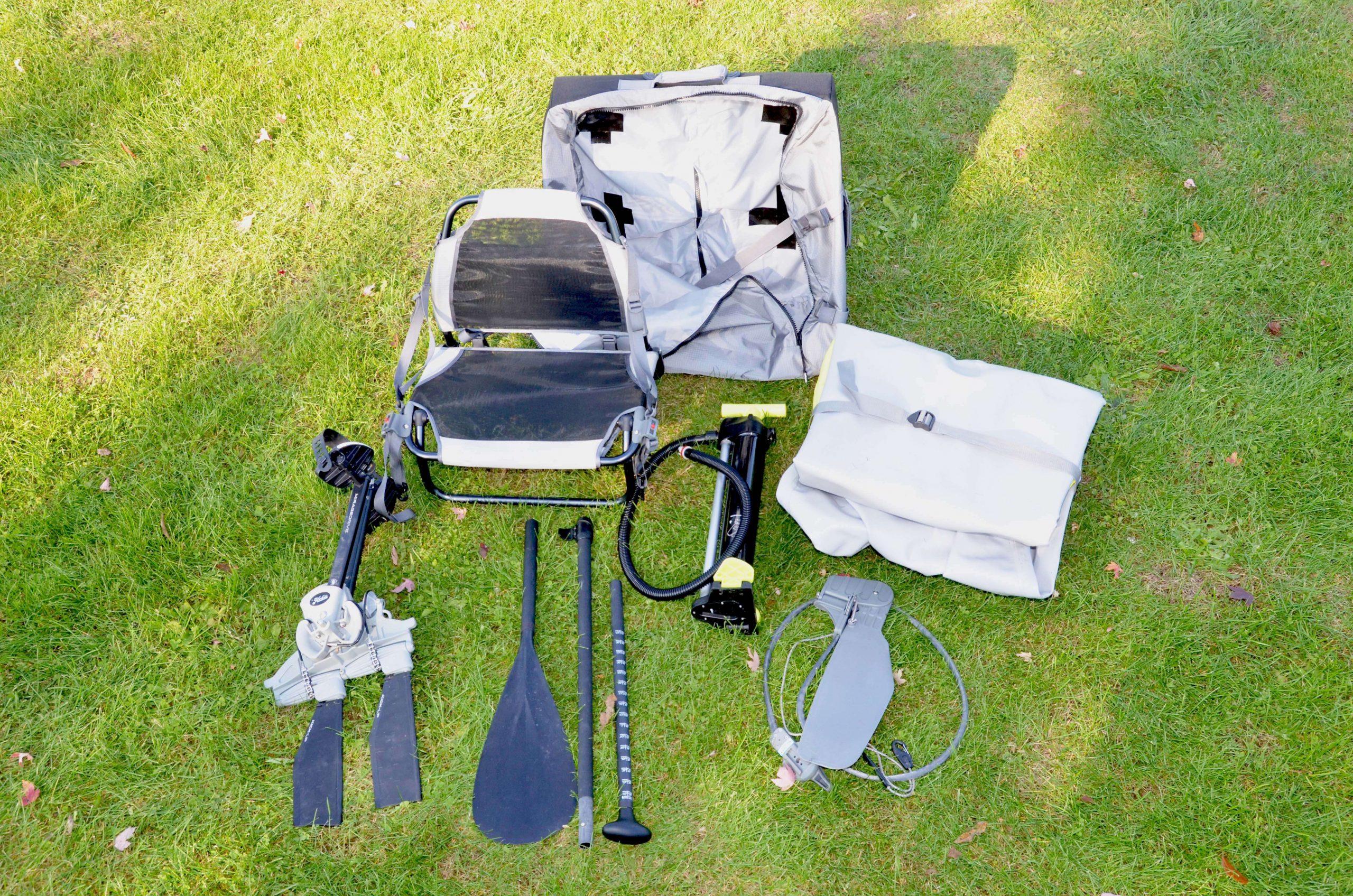 The iTrek MirageDrive GT with Kick-Up Fins, chair, rudder, pump and three-piece SUP paddle all fit in the iTrek 9 Ultralight’s rolling, soft-side suitcase. Not pictured are a repair kit and electric pump that also come standard and fit in the case.