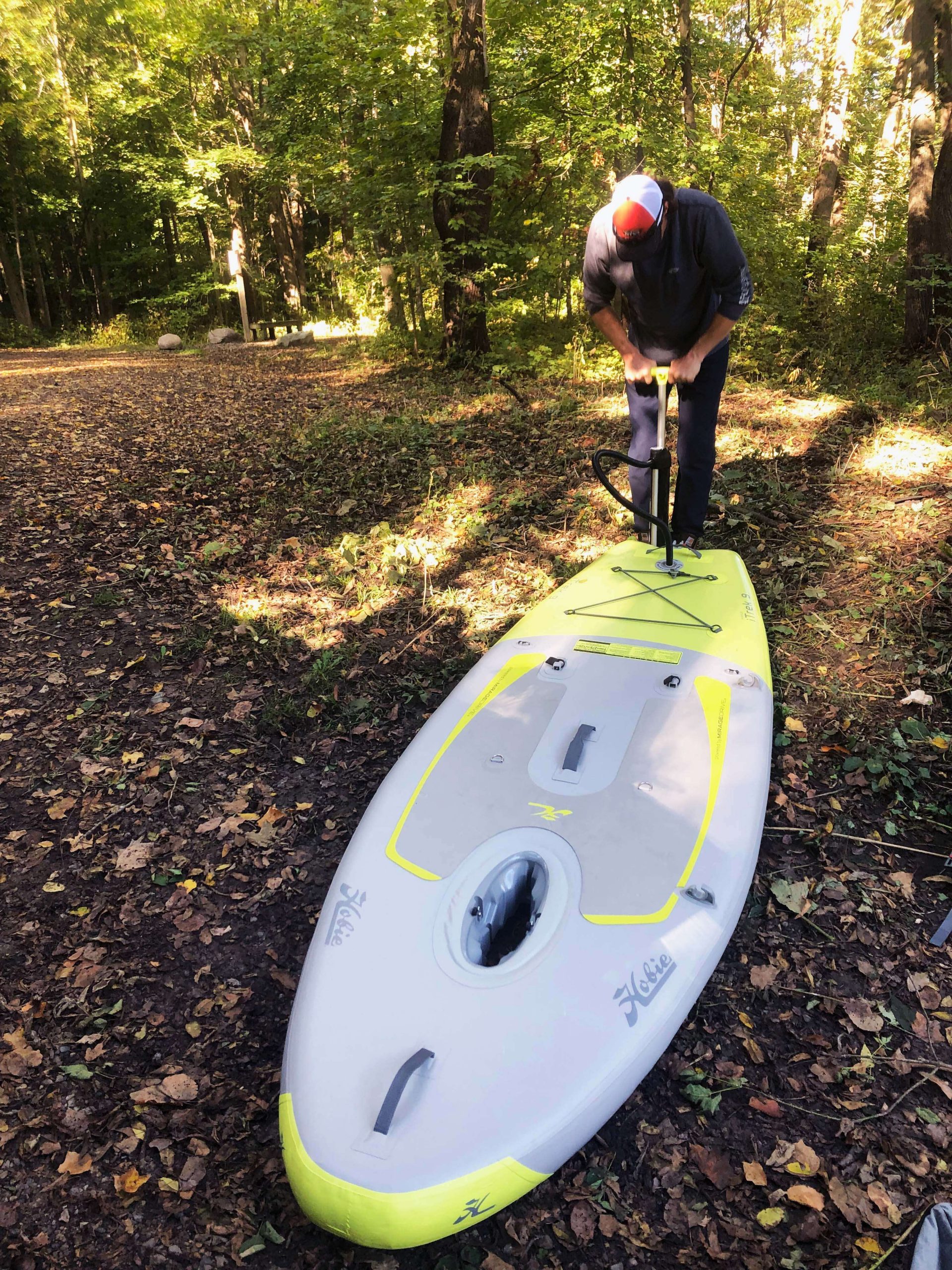 Hobie’s pump makes quick work of inflating the iTrek, which is 9 feet, 5 inches long and 40 inches wide. The pump adds air both on the downstroke and the upstroke. Pumping, hooking down the chair and installing the rudder can be done in less than 10 minutes.
