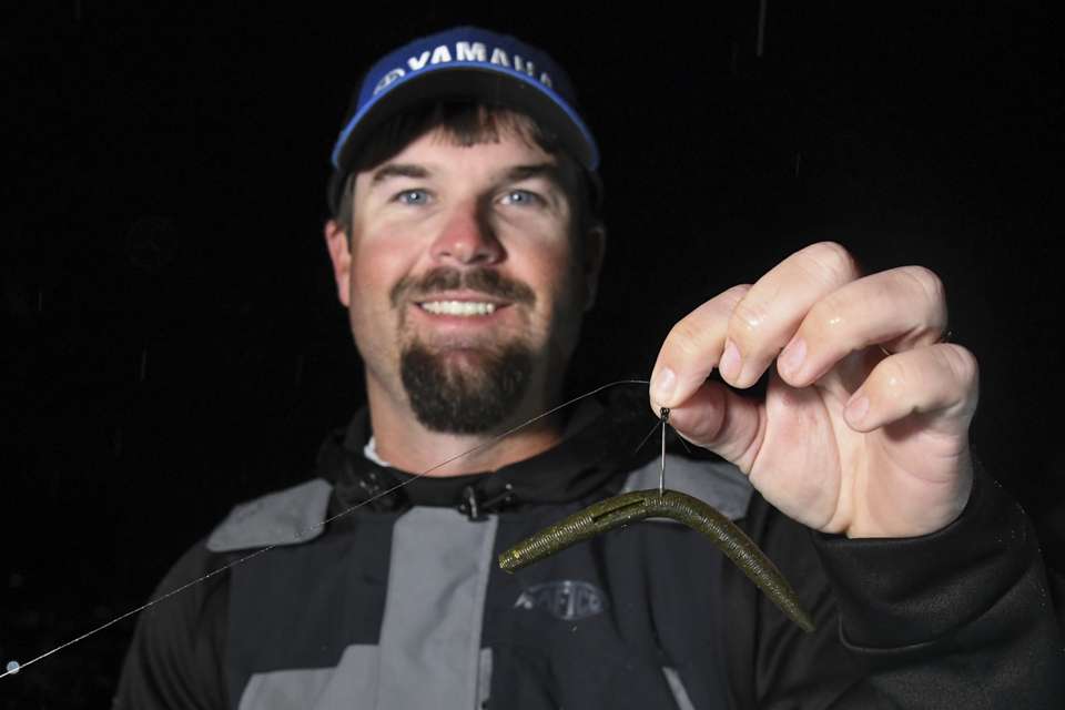 To give the bass a different look, he used a new bait from Big Bite Baits to be released this spring. That bait will be a Big Bite Baits 5-inch Trick Stick. Cook rigged it on a No. 1 Gamakatsu G-Finesse Weedless Wacky Hook.  