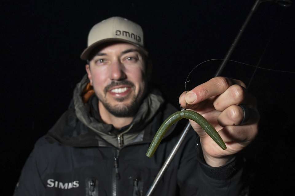 For subtle bites, he used a wacky-rigged stick worm, rigged on a No. 2 VMC Neko Hook, with a 6mm VMC Crossover Ring, designed for Neko and Wacky rigging.  

