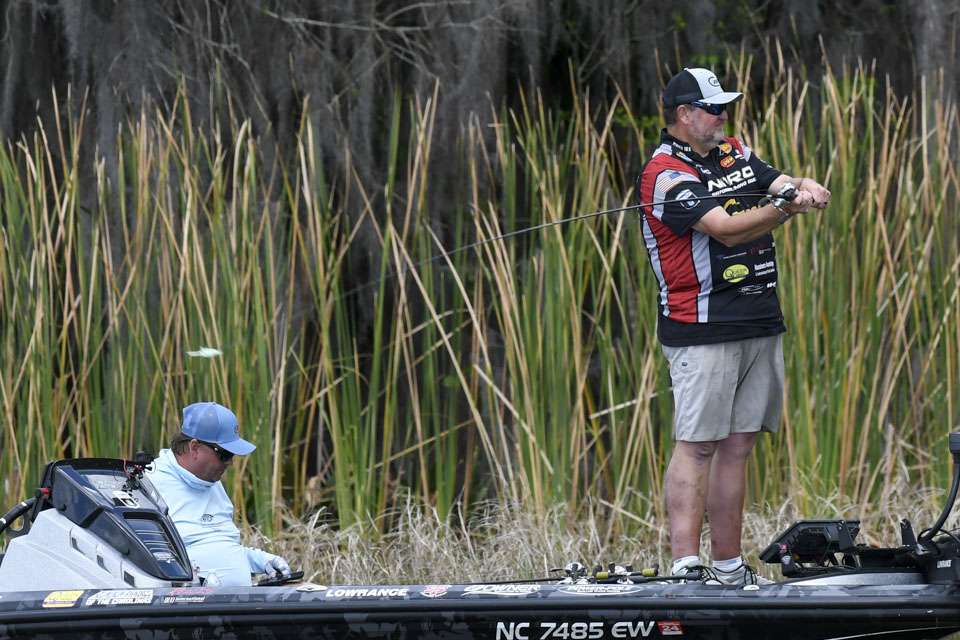 Instead, he made casts to parallel the grass, presumably targeting prespawn bass.