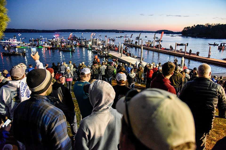 The morning activities at Green Pond are a site to behold, with anglers launching their boats and Bassmaster emcee Dave Mercer announcing each angler as they blast off in a pre-determined order. 