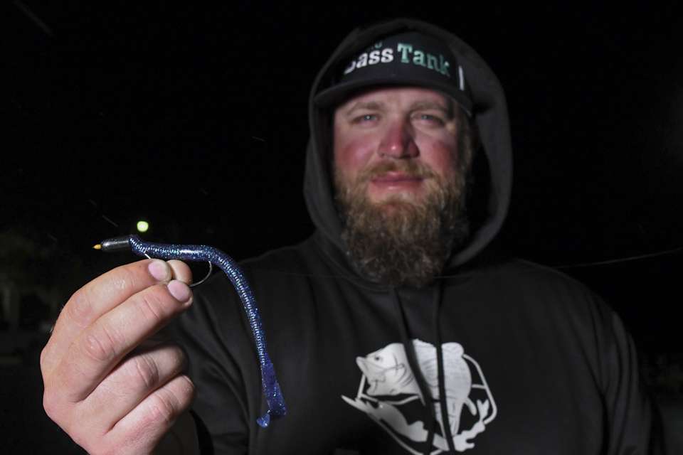 Soukup displays the YUM Thumpn’ Worm (Junebug) he used with a 3/8-ounce weight. He was able to flip and swim the lure for quality bites.